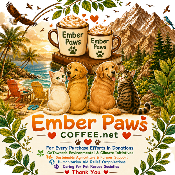 Ember Paws Coffee Tea & Merch sustainably sourced carbon neutral from farmers certified